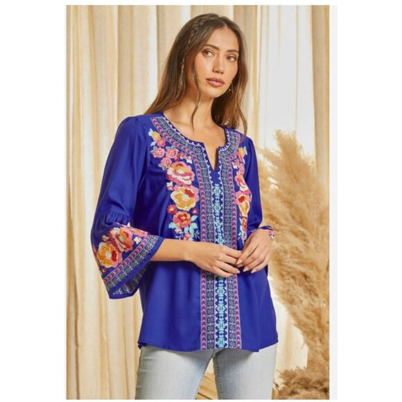 Andree By Unit Floral Embroidered Cobalt Blue Tunic Top M Boho Cottage Peasent - Picture 1 of 10